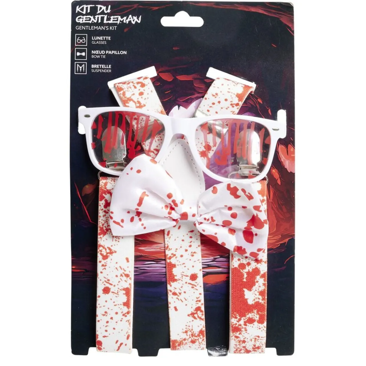 Accessoires Halloween lunettes bretelles et noeud papillon ensanglantés