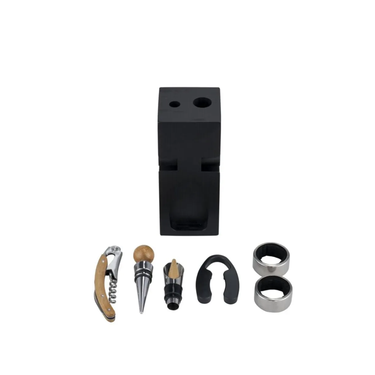Accessoire à vin 6 pièces avec support en bois noir 6x6xH16cm < Gifi Discount