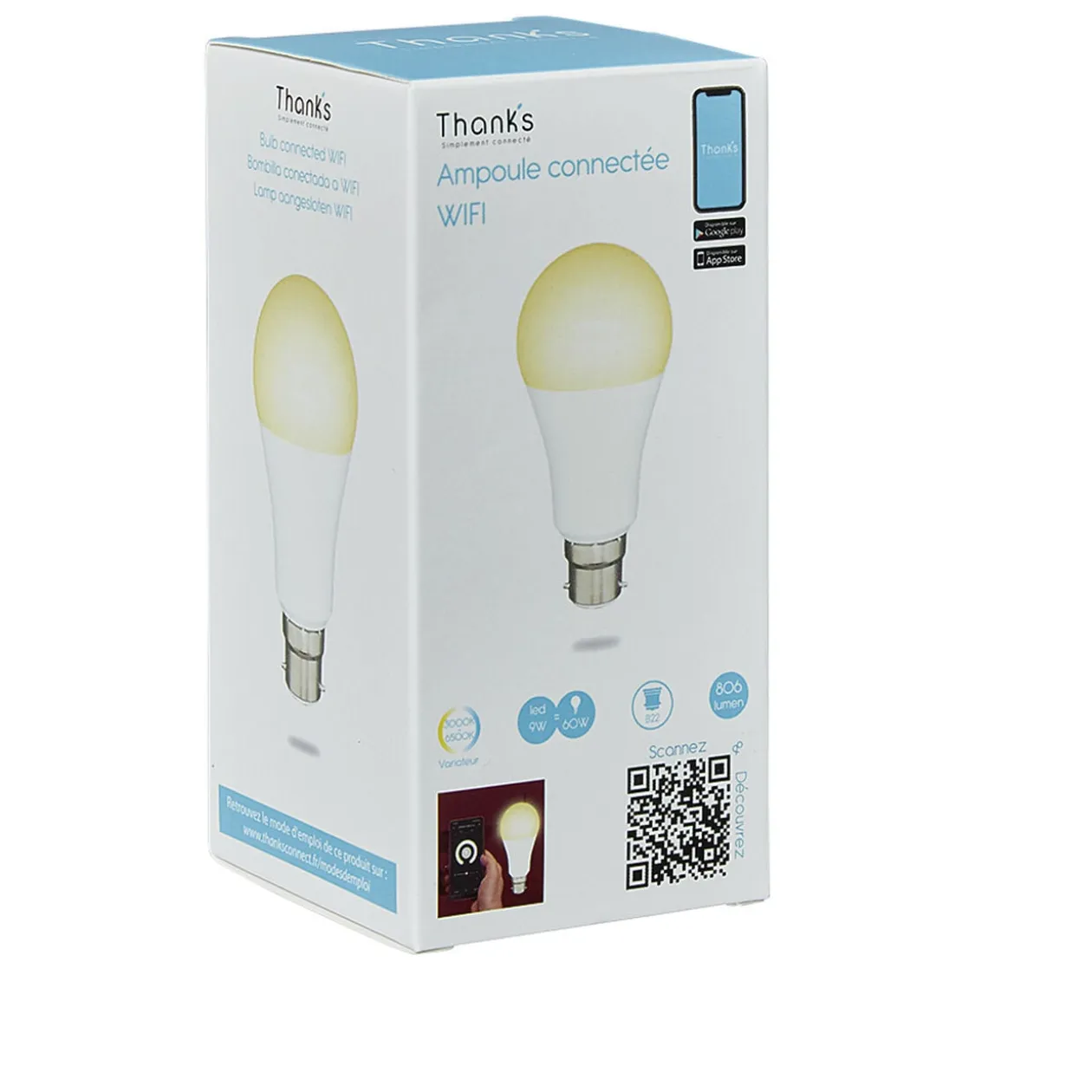 Ampoule LED connectée blanc ajustable B22 60 W