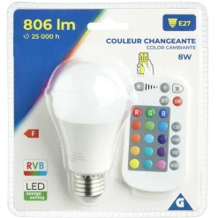Ampoule LED E27 A60 couleurs changeantes avec télécommande 806lms < Gifi