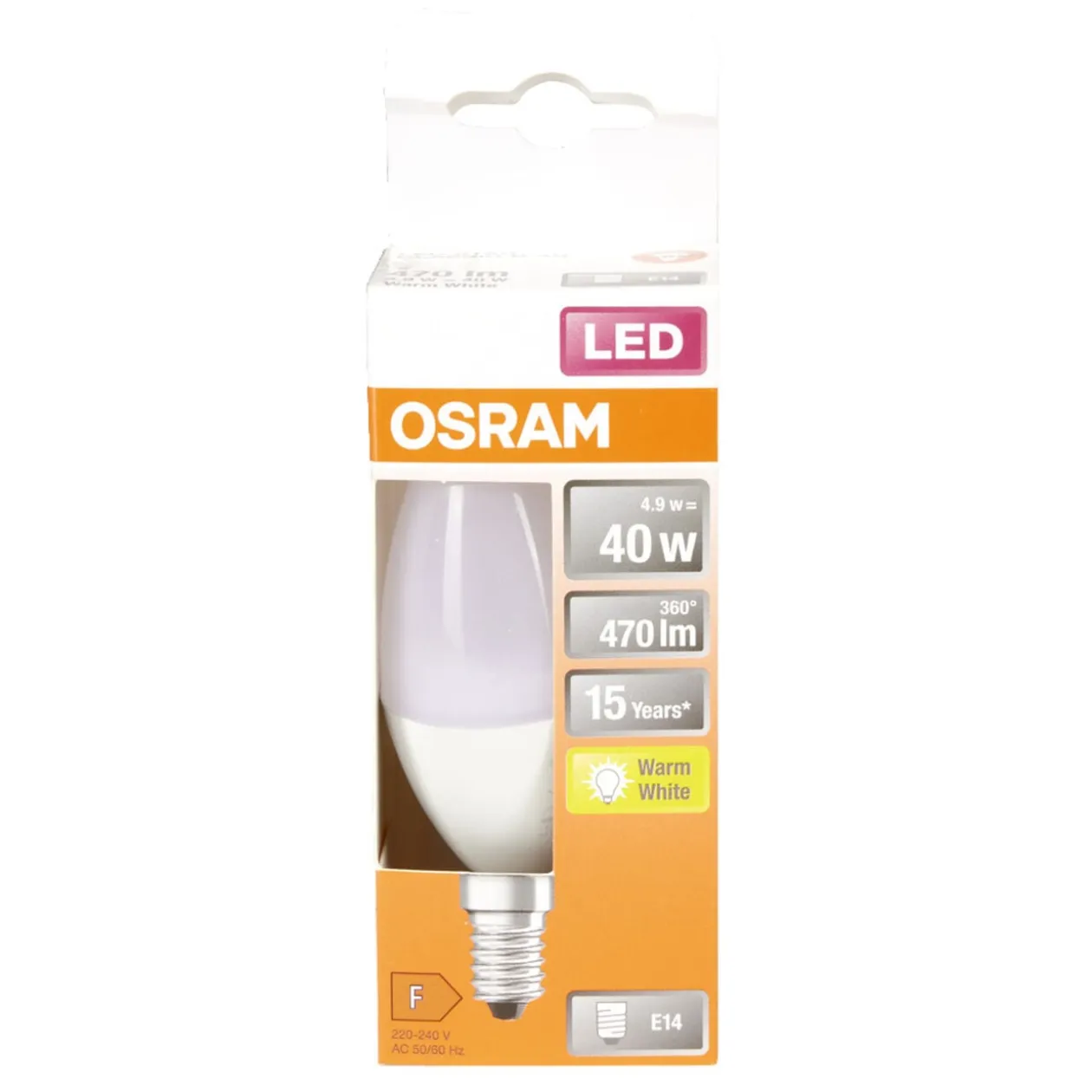 Ampoule LED E14 C35 blanc chaud Osram 4,9W=40W 470lms classe F