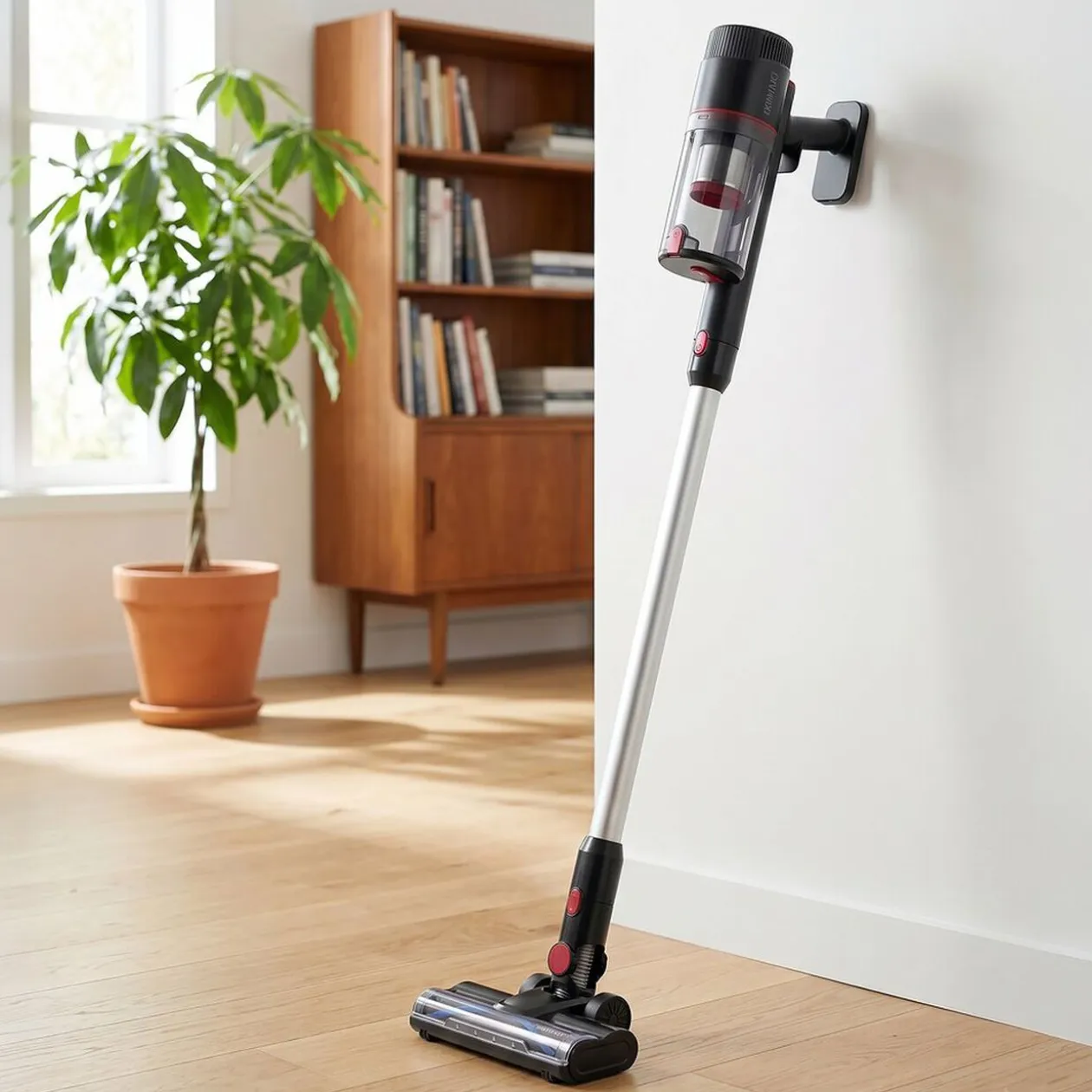 Aspirateur balai sans fil 6 accessoires CleanMaxx noir et rouge H109cm