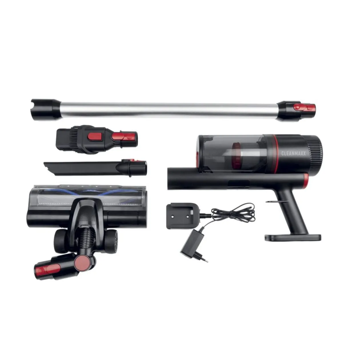 Aspirateur balai sans fil 6 accessoires CleanMaxx noir et rouge H109cm