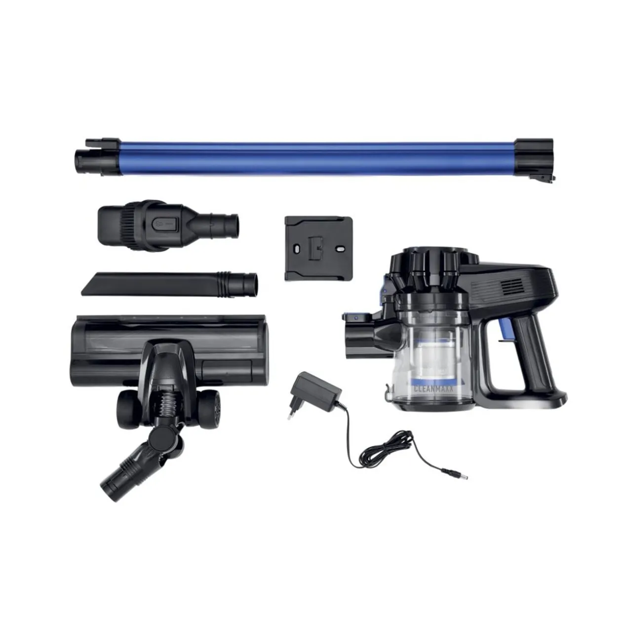 Aspirateur balai sans fil 6 accessoires CleanMaxx noir et bleu H109cm