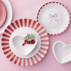 Assiette à dessert porcelaine motifs noeud et rayures blancs et rouges Ø19cm