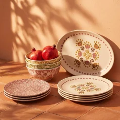 Assiette à dessert x4 ronde Indie faïence terracotta motif floral blanc Ø20cm < Gifi Outlet