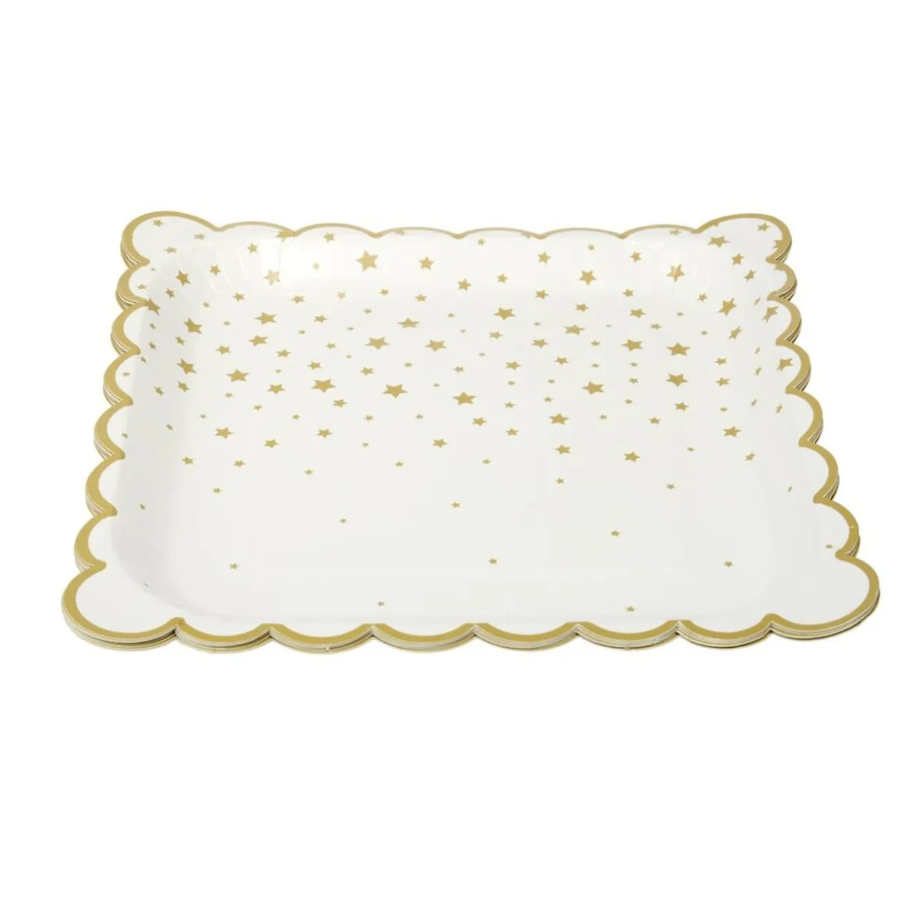Assiette en papier X8 pcs carré bord festonné imprimé étoile 23X23XH1,5 cm blanc et doré