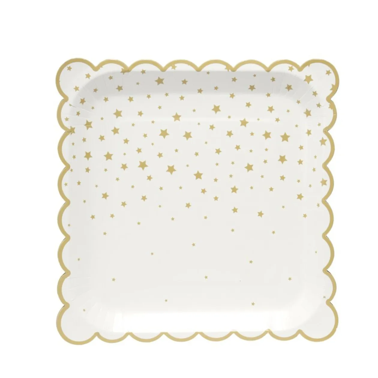 Assiette en papier X8 pcs carré bord festonné imprimé étoile 23X23XH1,5 cm blanc et doré