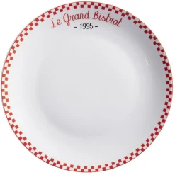 Assiette plate ronde blanche "Le grand bistrot" bord damier rouge Ø26cm
