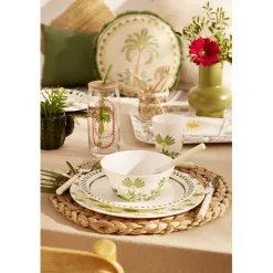 Assiette plate ronde plastique motif palmier blanc et vert Ø26cm