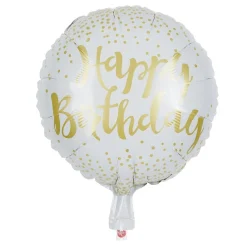 Ballon alu anniversaire Happy Birthday blanc et doré Ø45cm
