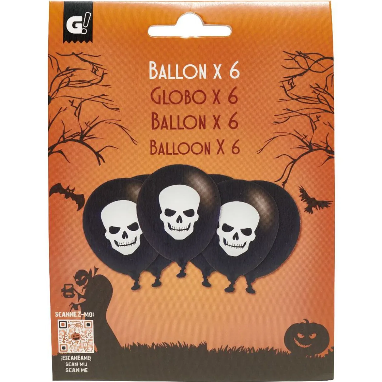 Ballon gonflable latex noir imprimé tête de mort blanc x6