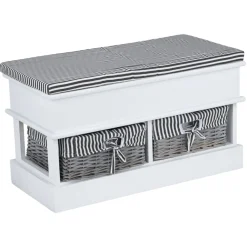 Banc de rangement bois blanc avec 2 panières osier et tissu rayé noir 70x35xH40cm