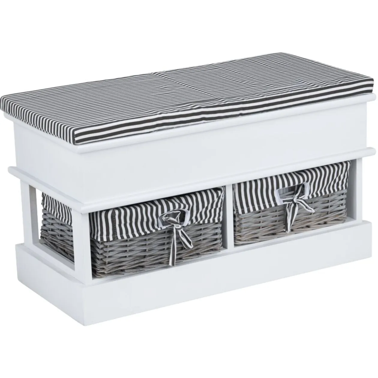 Banc de rangement bois blanc avec 2 panières osier et tissu rayé noir 70x35xH40cm