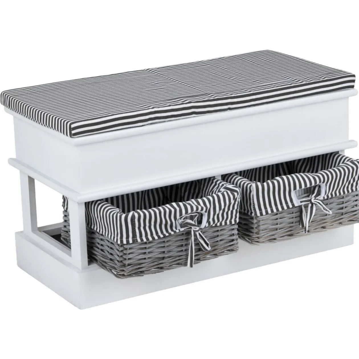 Banc de rangement bois blanc avec 2 panières osier et tissu rayé noir 70x35xH40cm