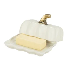 Beurrier céramique forme citrouille blanc et doré 15x8xH10cm