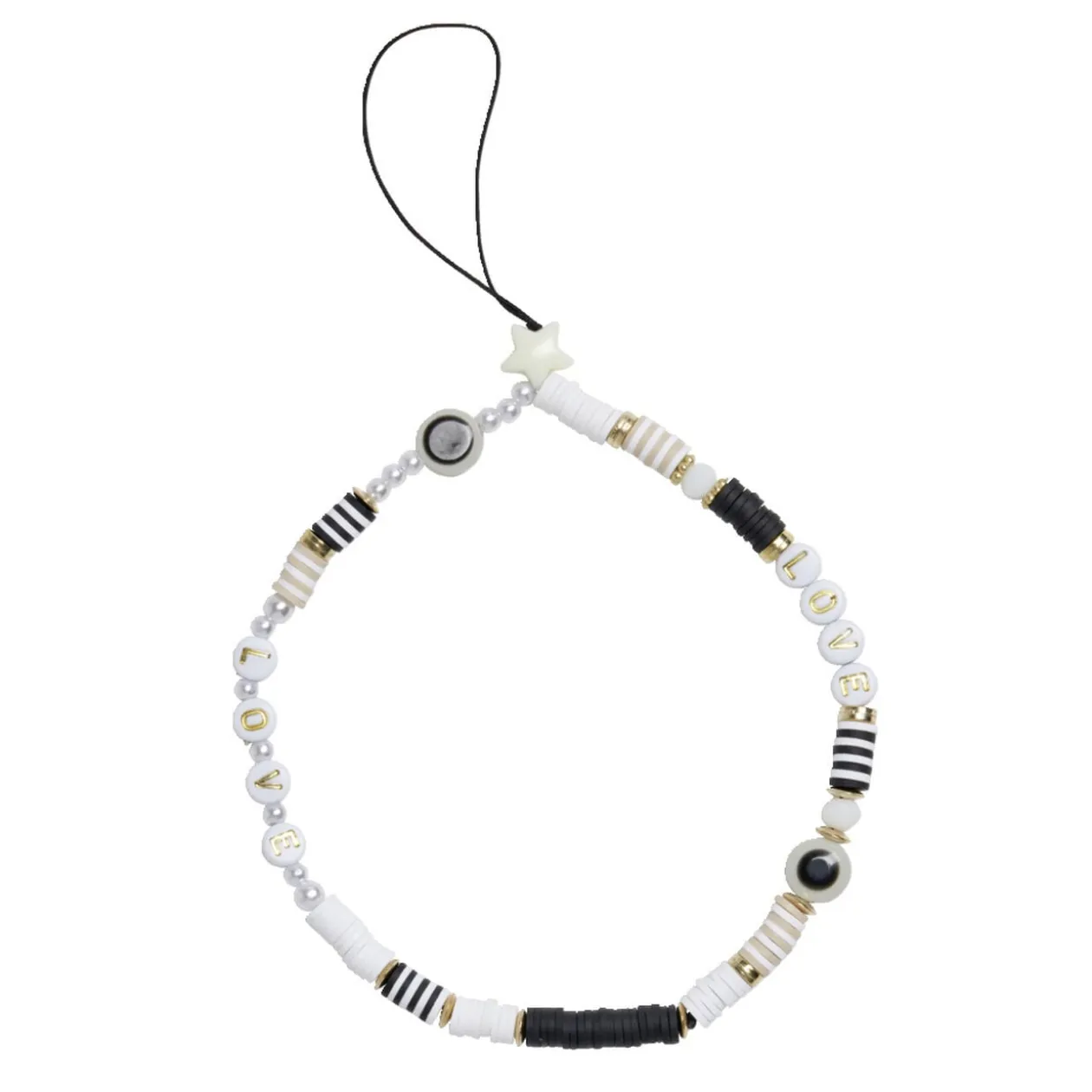 Bijou de téléphone perles doré blanc noir L17cm