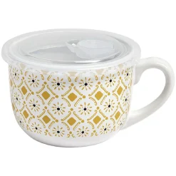 Bol jumbo couvercle transparent motif ethnique blanc et jaune Ø12.5xH9cm < Gifi Clearance