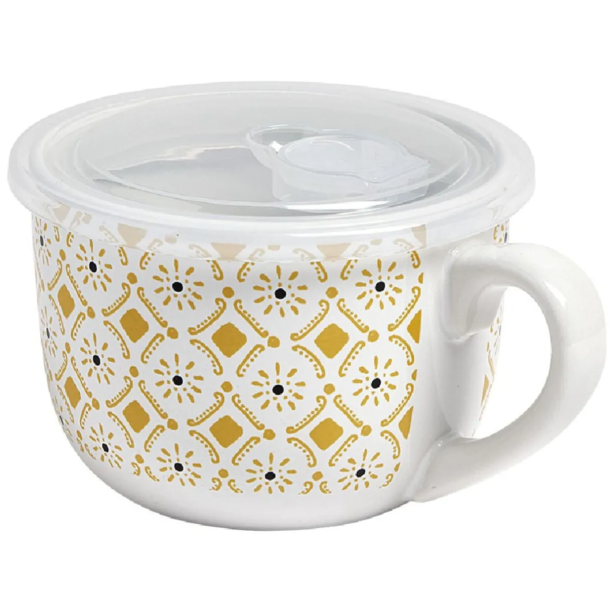 Bol jumbo couvercle transparent motif ethnique blanc et jaune Ø12.5xH9cm < Gifi Clearance