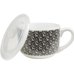 Bol jumbo couvercle transparent motif ethnique noir et jaune Ø12.5xH9cm < Gifi Hot