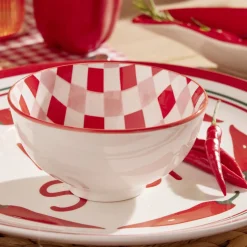 Bol porcelaine thème piment motif quadrillage rouge rose blanc Ø11,5xH6cm