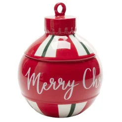 Bonbonnière boule de Noël Merry Christmas rouge et blanc Ø15,5xH20cm