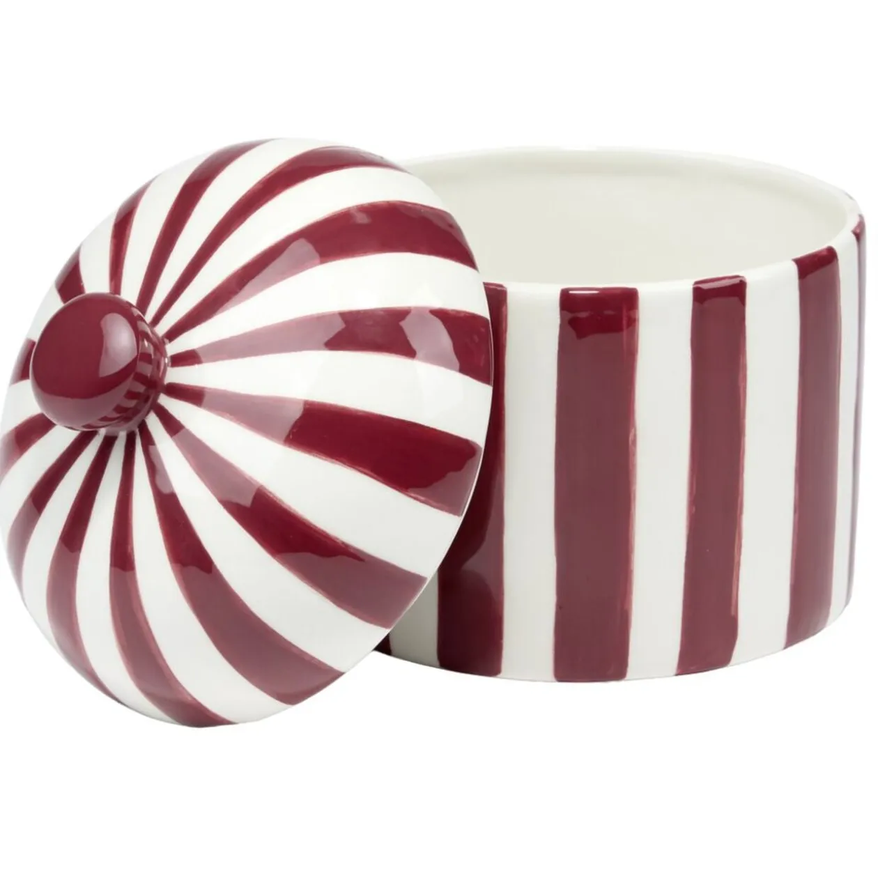 Bonbonnière ronde dolomite rayée rouge et blanc Ø12xH14cm