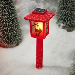 Borne solaire lanterne rouge vintage 10LED blanc chaud effet flamme H37cm (3 modèles)