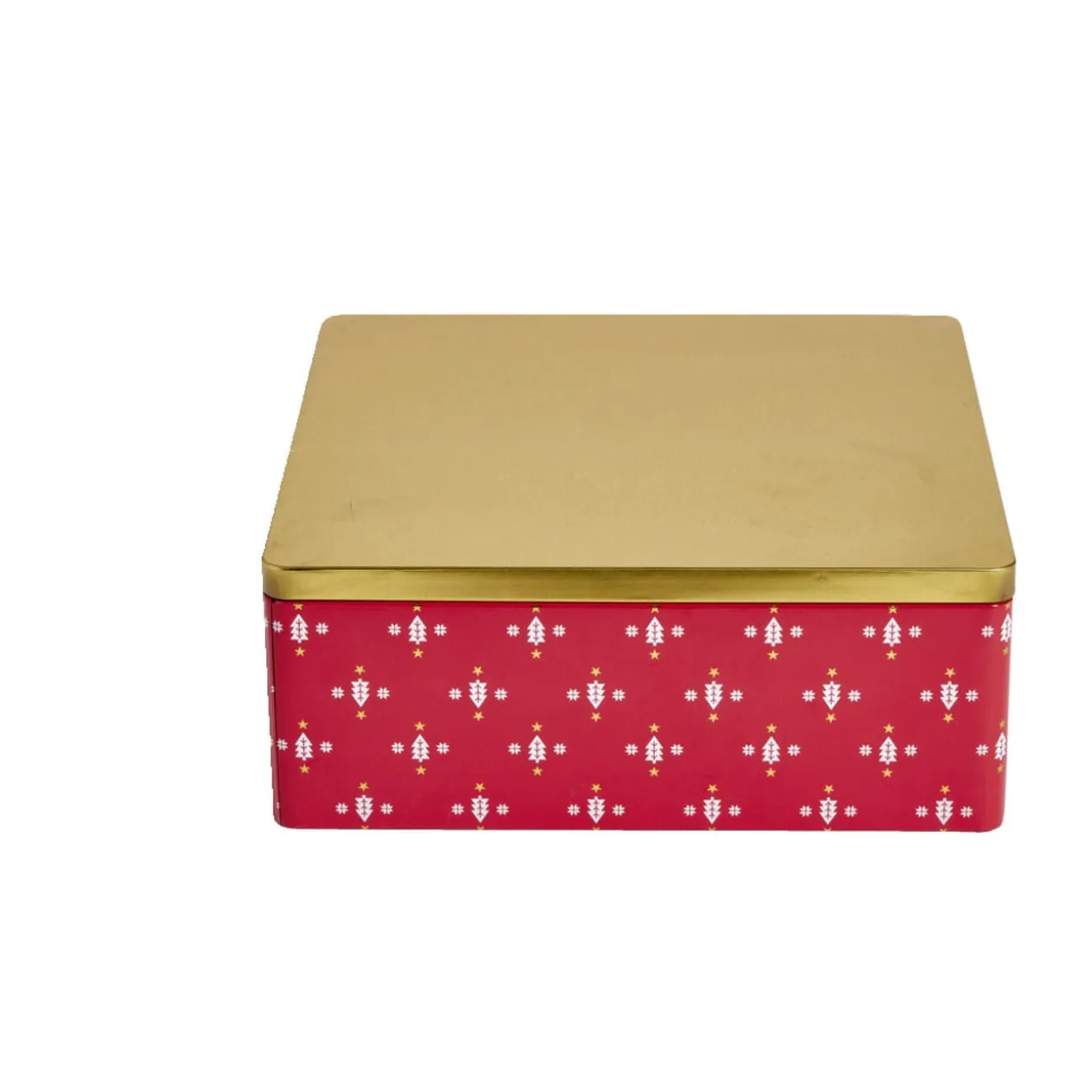 Boîte alimentaire carrée motif Noël métal rouge et dorée 26x26xH10cm