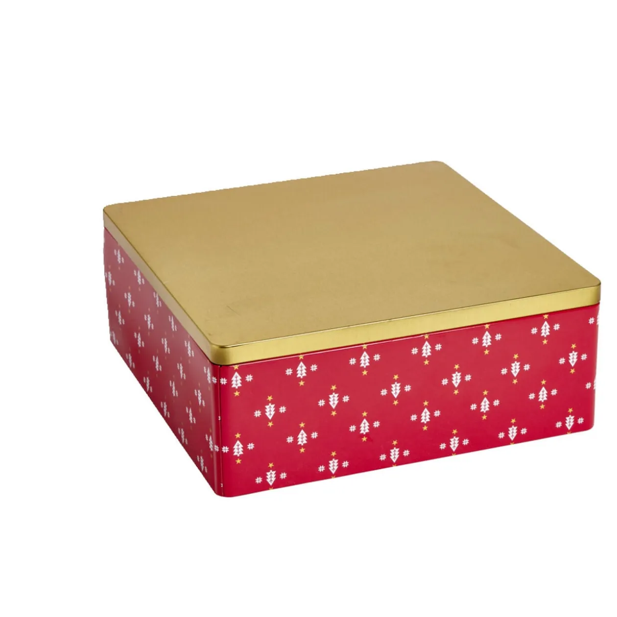 Boîte alimentaire carrée motif Noël métal rouge et dorée 26x26xH10cm