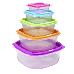 Boîte alimentaire x5 emboîtable plastique couvercle multicolore 25x25xH10,5cm