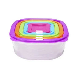 Boîte alimentaire x5 emboîtable plastique couvercle multicolore 25x25xH10,5cm