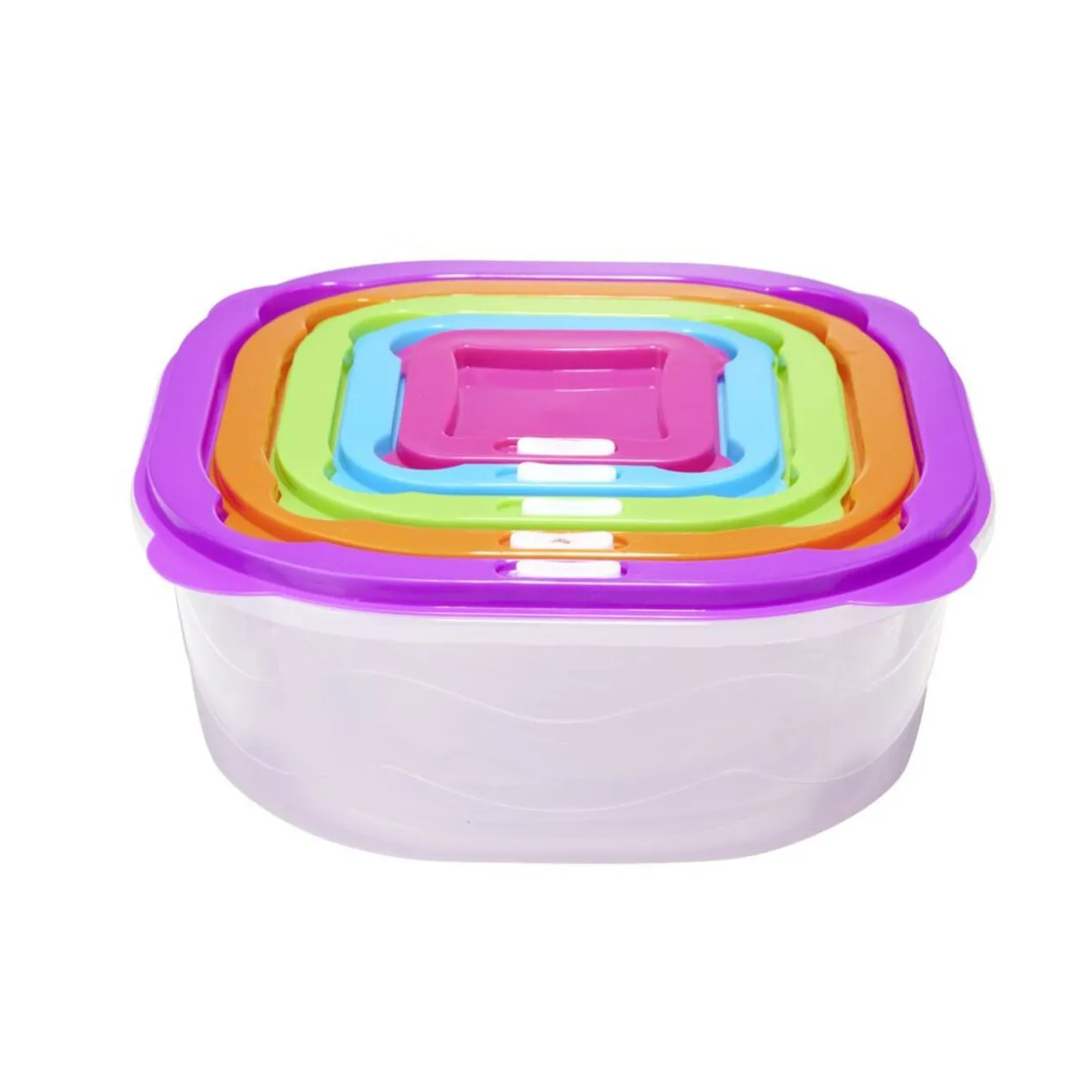 Boîte alimentaire x5 emboîtable plastique couvercle multicolore 25x25xH10,5cm