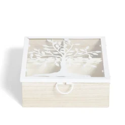 Boîte bois et métal beige et blanc motif arbre 16x16x6cm