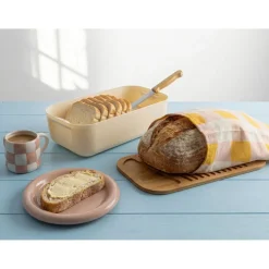 Boîte à pain 6L plastique blanc planche bambou avec couteau et sac tissu coton < Gifi New
