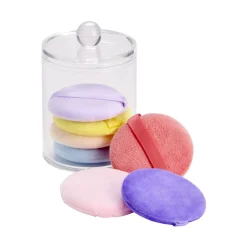 Boîte rangement cosmétique ronde avec 7 éponges démaquillantes multicolores Ø7xH9cm < Gifi New