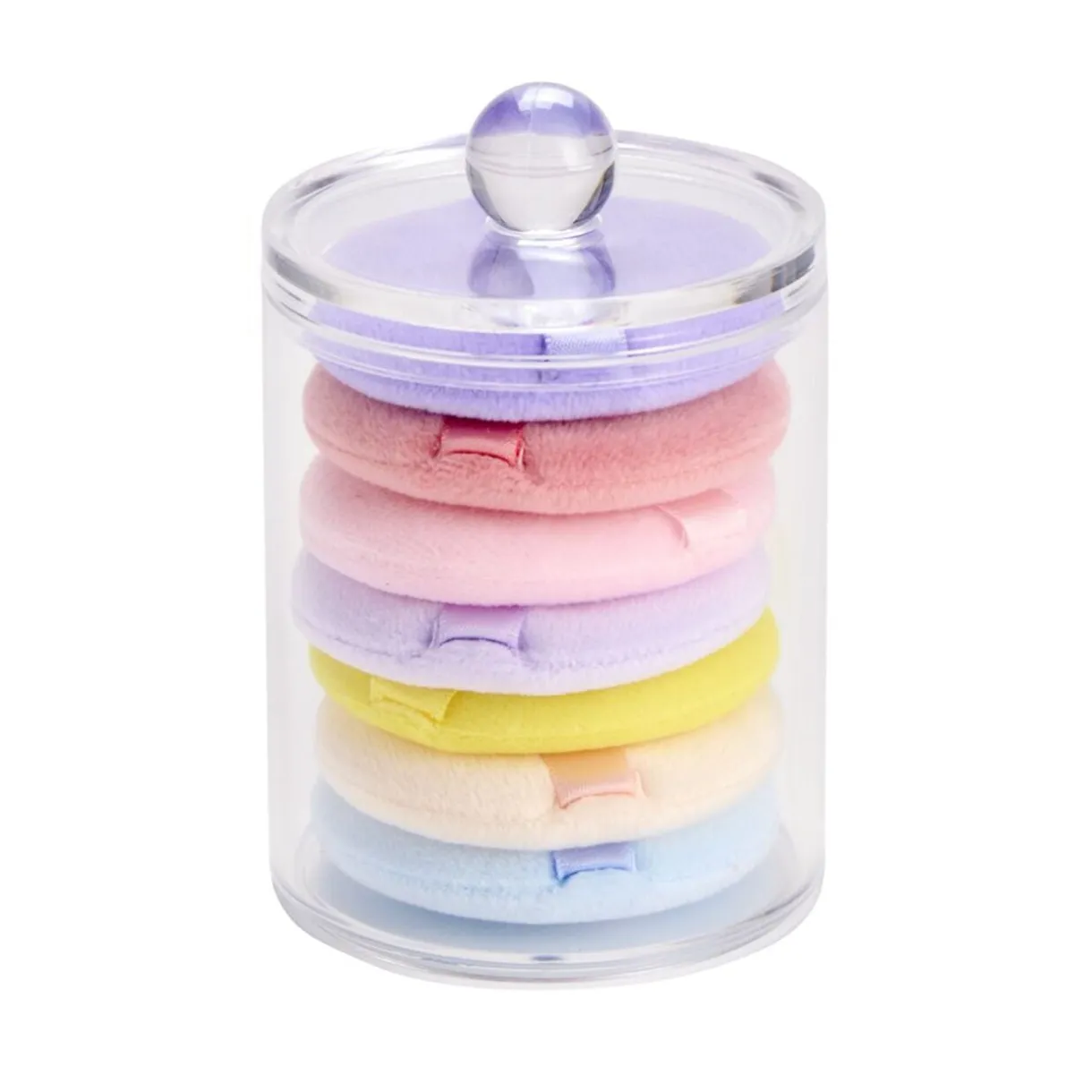 Boîte rangement cosmétique ronde avec 7 éponges démaquillantes multicolores Ø7xH9cm < Gifi New