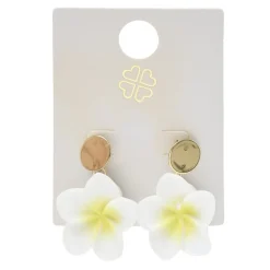 Boucles d'oreilles fleur de tiaré blanche et jaune bouton métal doré L5cm