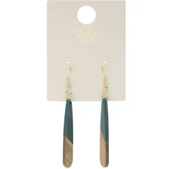 Boucles d'oreilles métal et bois forme goutte longue marron et vert L6cm