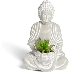 Bouddha en ciment avec plante artificielle H12,3cm