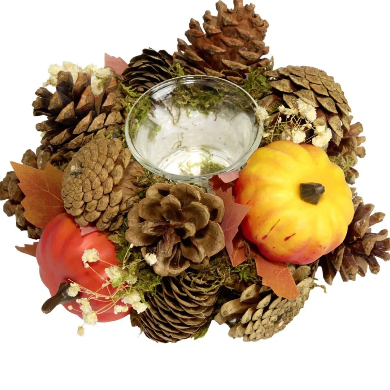 Bougeoir automne déco mini citrouilles feuillage et pommes de pin Ø19xH7,5cm