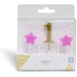 Bougie anniversaire chiffre 1 doré avec bougies étoiles roses