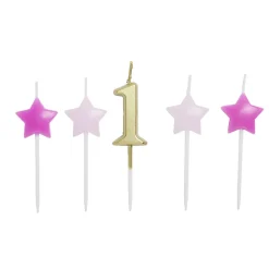 Bougie anniversaire chiffre 1 doré avec bougies étoiles roses