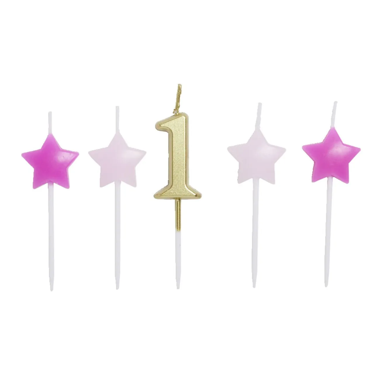 Bougie anniversaire chiffre 1 doré avec bougies étoiles roses