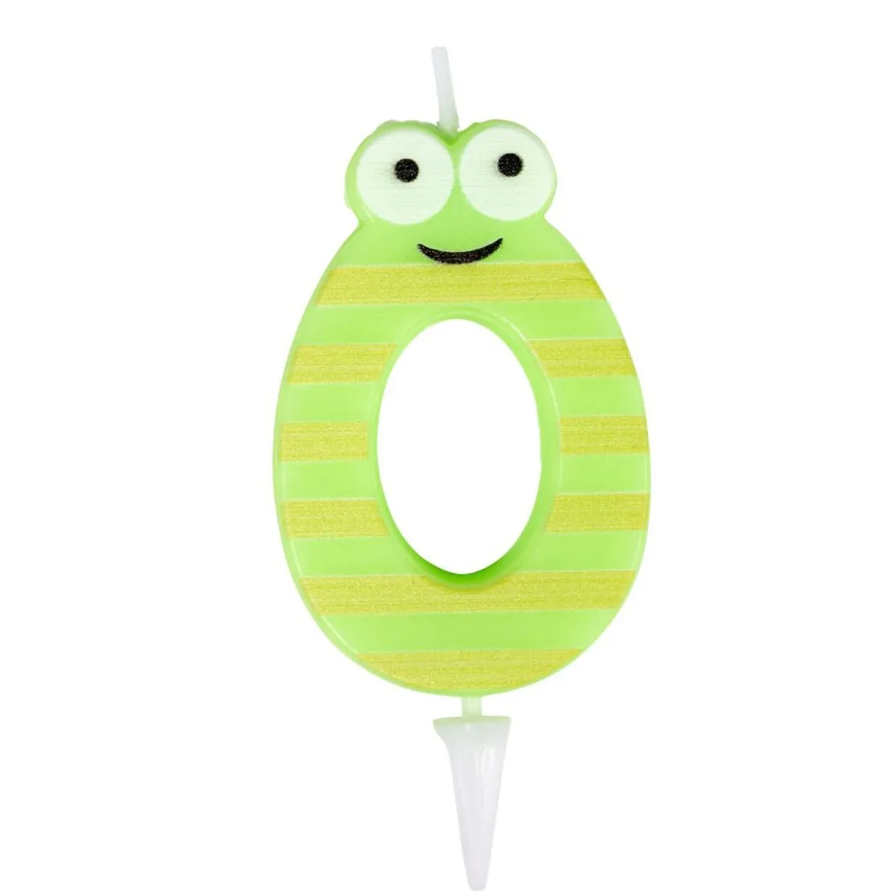 Bougie chiffre 0 cire personnage rayures vert et jaune H8,5cm