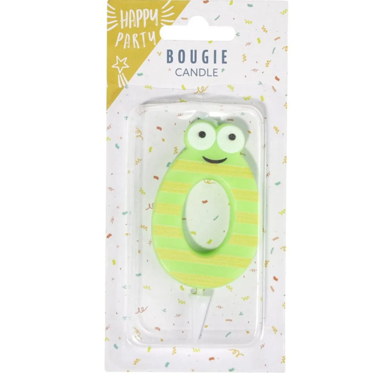Bougie chiffre 0 cire personnage rayures vert et jaune H8,5cm