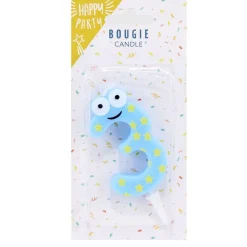 Bougie chiffre 3 cire personnage étoiles bleu et jaune H8,5cm