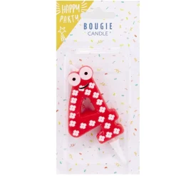 Bougie chiffre 4 cire personnage fleurs rouge et blanc H8,5cm