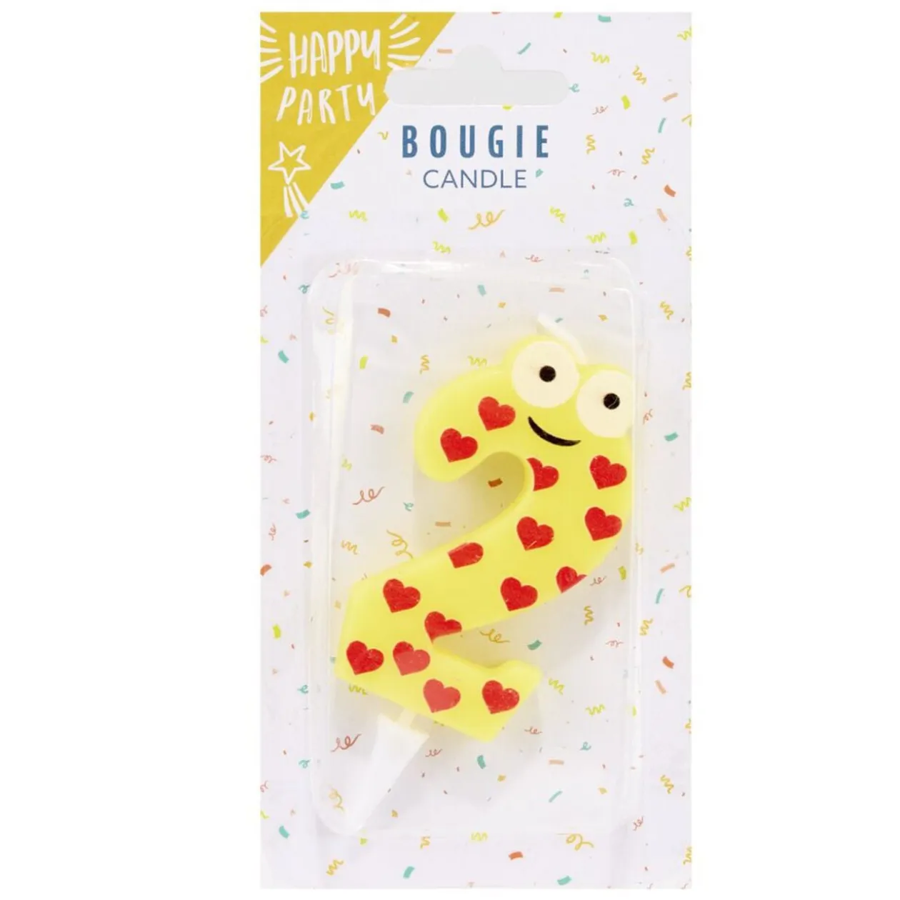 Bougie chiffre 2 cire personnage coeurs jaune et rouge H8,5cm