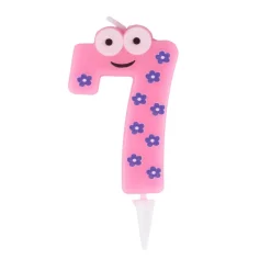 Bougie chiffre 7 personnage fleurs rose et violet H8,5cm < Gifi